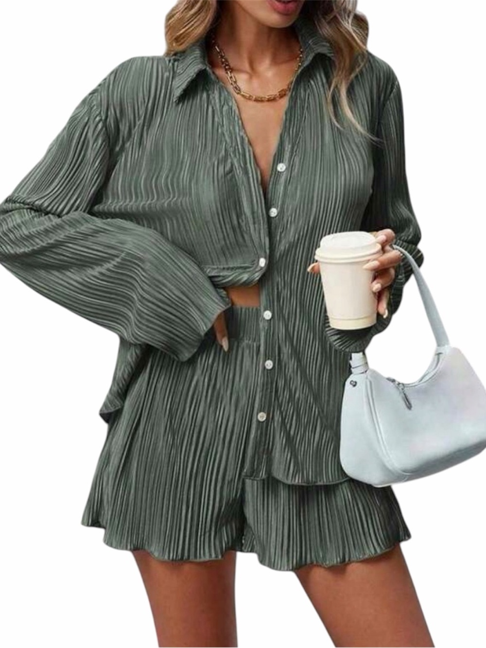 SHEIN Women’s Medium Olive Green Pleated 2-Piece Set Button Down Top & Shorts